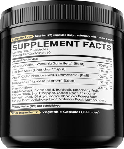 Revitalize Your Wellness with Ashwagandha Capsules - Featuring Irish Sea Moss, Apple Cider Vinegar & More - 120 Vegan Capsules for Optimal Health