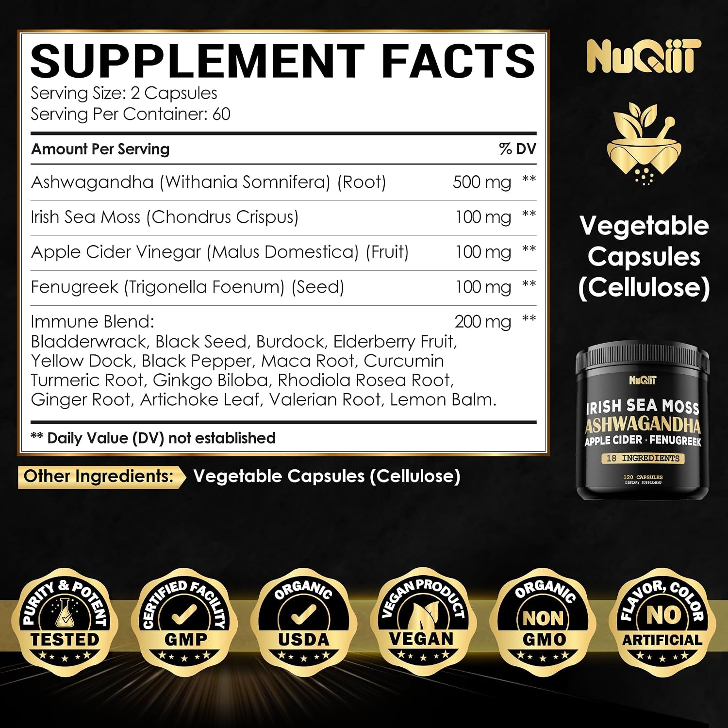 Revitalize Your Wellness with Ashwagandha Capsules - Featuring Irish Sea Moss, Apple Cider Vinegar & More - 120 Vegan Capsules for Optimal Health