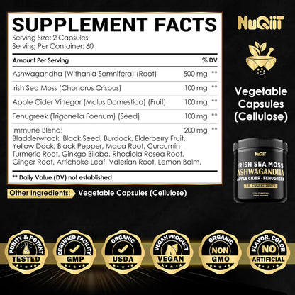 Revitalize Your Wellness with Ashwagandha Capsules - Featuring Irish Sea Moss, Apple Cider Vinegar & More - 120 Vegan Capsules for Optimal Health